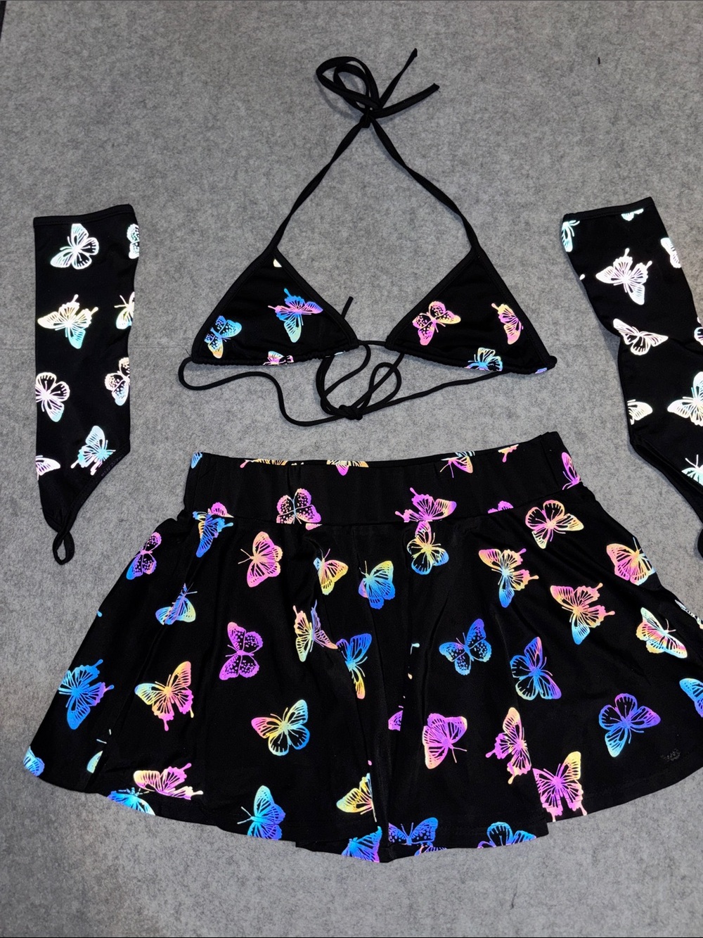 Rave Wonderland Rainbow Reflective Butterfly Rave Set - Top, Skirt, Arm Sleeves